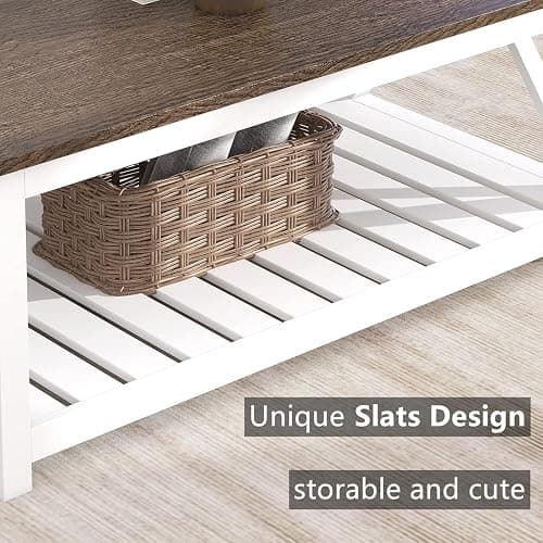 ChooChoo Farmhouse Coffee Table, Rustic Vintage Living Room Table with Shelf, 40 White thumbnail 5