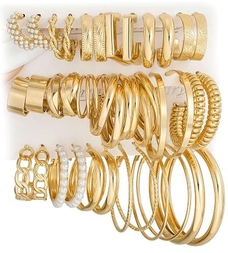 Gold Hoop Earrings Set for Women, 18 Pairs Hypoallergenic Statement Open Pearl Hoops Earring for Multipack, Gold Chunky Hoop Earrings for Women Trendy Jewelry - Image 1