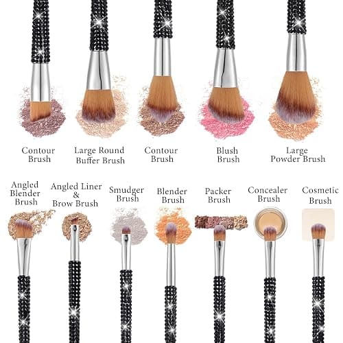 Rtteri 13 Pcs Rhinestone Black Makeup Brushes Set Bling Crystal Professional Face Cosmetics Blending Liquid Foundation Powder Concealer Eye Shadows Make up Beauty Tool Glitter with Holder thumbnail 2