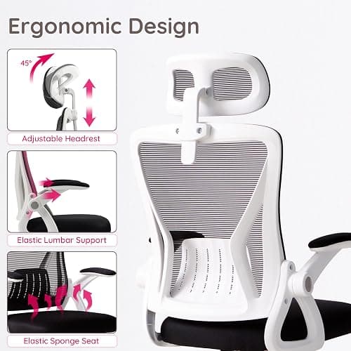 Livinia Ergonomic Mesh Office Desk Chair with Lumbar Support, Head Rest, Flip-up Armrests, Wheel Casters, Adjustable Tilt and Height Swivel Computer Chair for Home Office (White) - White thumbnail 3