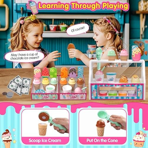 Ice Cream Toys, Wooden Ice Cream Play Set, Pretend Play Toys, 46 Pcs Wooden Play Kitchen Accessories with Menu & Scoop & Menu & Fake Money, Ice Cream Toys for Toddlers 3 4 5 6 Girls Boys Birthday thumbnail 2