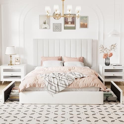 Allewie Full Size Storage Bed Frame, Vertical Channel Tufted Adjustable Headboard, Velvet Upholstered Platform Bed with 4 Oversized Underbed Drawers, Wooden Slats Support, No Box Spring Needed, White thumbnail 3