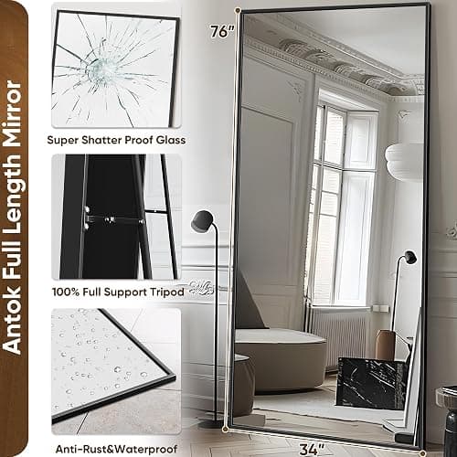 Antok Full Length Mirror, 76"x34" Floor Mirror with Stand, Hanging Mounted Mirrors for Bedroom, Living Room, Cloakroom, Dining Room, Black, Rect thumbnail 4