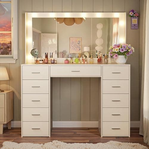 HUAHUU 43.3" Vanity Desk with Mirror and Lights, 3 Lighting Modes, Large Makeup Vanity Desk with 11 Fabric Drawers, Built-in AC Outlets & USB Ports, White Vanity with Lights for Bedroom Makeup Room - Image 1