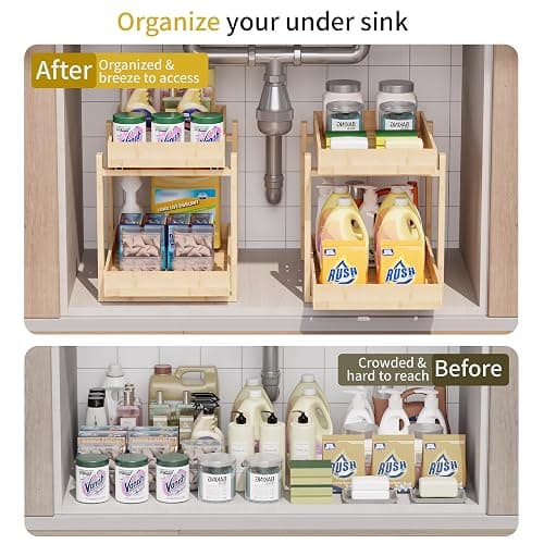 LONTAI Bamboo Wood Under Sink Organizer 2 Pack, Pull Out Cabinet Organizer 2 Tier Under Sink Organizers and Storage with Sliding Drawer Sturdy Easy Assembly for Kitchen Bathroom Undersink, Natural thumbnail 3
