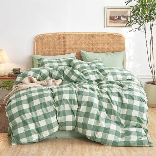 Wake In Cloud - Gingham Cotton Duvet Cover Set, Plaid Buffalo Check Checkered Farmhouse, 100% Washed Cotton Textured Percale Bedding Set, 3 Pieces, Green White, Full Size - Image 1