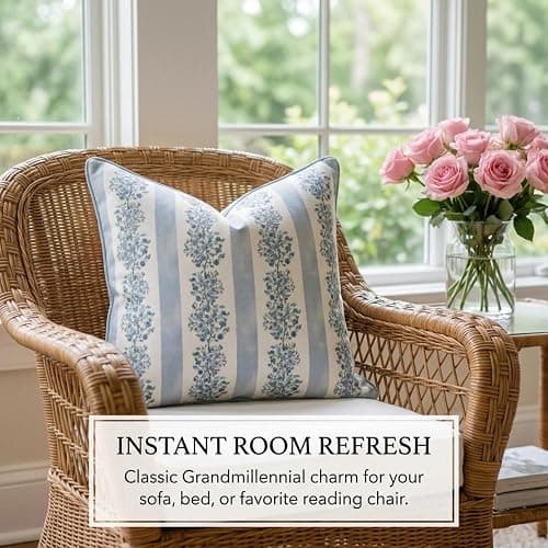 Jillien Harbor “The Juliet” Floral Block Print Pillow Cover – Soft Blue and Off-White Decorative Throw Pillow Cover – Grandmillennial Home Decor, 20" x 20" thumbnail 3