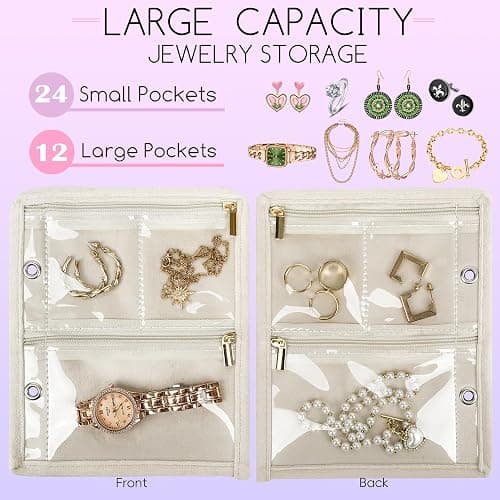 LingLingo Travel Jewelry Organizer Case,Jewelry Bags Jewelry Storage Book Binder with Clear Zipper Velvet Pouch for Traveling,Earrings, Rings, Necklace, Bracelet (White) thumbnail 4
