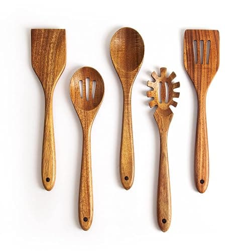 KITEISCAT Acacia Wooden Spoons for Cooking: 5-Piece Kitchen & Cooking Utensils Set - Wooden Spatula, Slotted & Pasta Spoon - Essential Wooden Utensil Set - Image 1