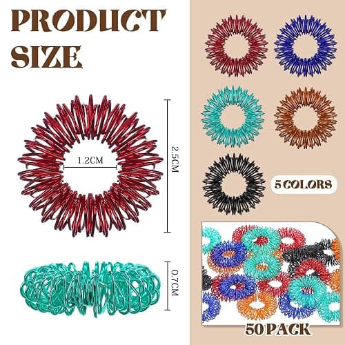 Blulu 50 Pcs Acupressure Fidget Rings Spiky Sensory Finger Rings Finger Acupressure Set for Teens, Adults, Silent Stress Reducer and Massager(Orange, Red, Green, Black, Dark Blue) thumbnail 2