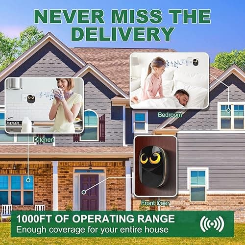 Wireless Doorbell, Cute Owl Doorbell Weatherproof IP55 Outdoor Remote Push Button- 1000 Feet Long Wireless Range, 1 Receiver + 1 Transmitter, Black thumbnail 6