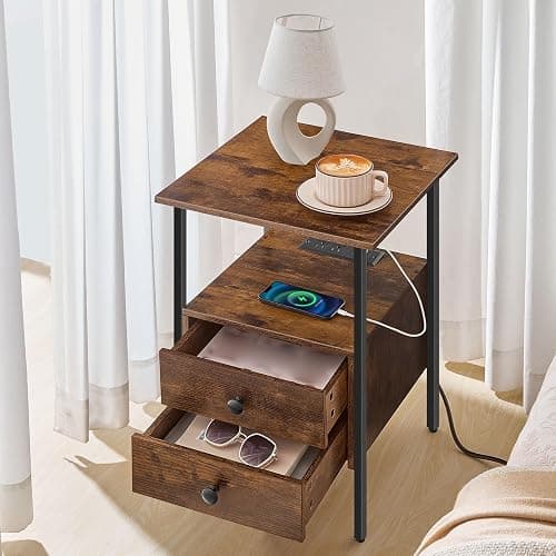 HOOBRO End Table Set of 2 with Charging Station, Bedside Table with 2 Drawer & USB Ports & Type-C Port, Nightstand for Small Spaces, Stable and Sturdy, for Living Room, Rustic Brown BF43UBZP201 thumbnail 6