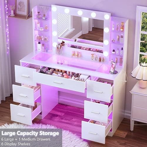 HUAHUU Vanity Desk with Mirror and Hollywood Lights, Makeup Vanity 6 Backlit Open Shelves with Frosted Panel & RGB Light, Transparent Top, Power Outlet, 7 Drawers & Storage Organizer for Bedroom thumbnail 4
