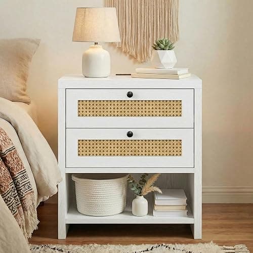 LIKIMIO Night Stand, 23" Wide Nightstand with Charging Station, Boho Side Table with Drawers and Open Shelf, Rattan Bedside End Table for Bedroom, White Oak - Image 1
