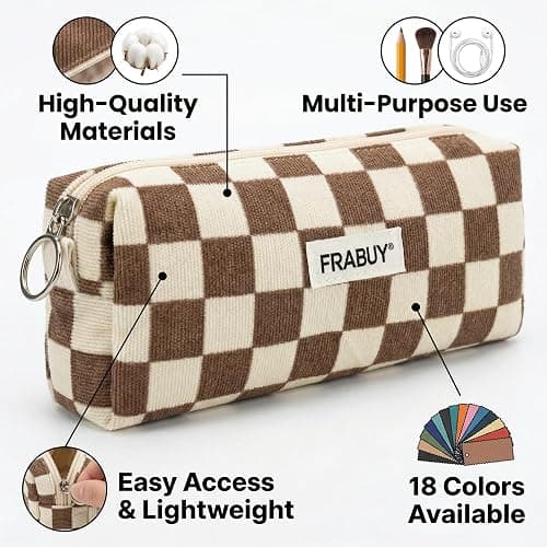 FRABUY Soft Corduroy Pencil Case Pen Pouch Organizer, Small Stationery Bag | Cute Crown Checkerboard Pouch, Smooth Zipper, Daily Cosmetics Holder, Compact Organizer for School Teen Girls, Women thumbnail 8