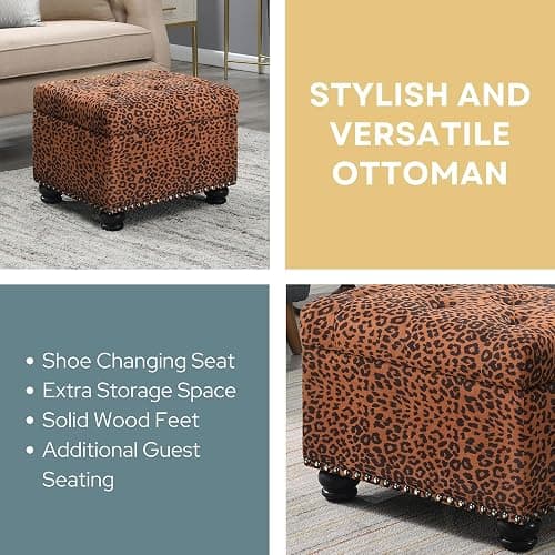 Convenience Concepts Designs4Comfort 5th Avenue Upholstered Storage Ottoman 24" - Contemporary Foot Stool and Seat with Hinged Lid for Living Room, Dining Room, Office, Forest Leopard Print Fabric thumbnail 4