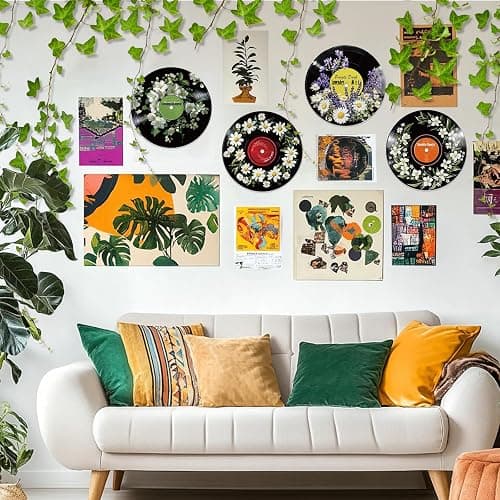 twinklemon 4 Pcs Flower & Grass Theme Vinyl Record Wall Decor, Self Adhesive Fake Music Records Album Posters, Botanical Style Music Wall Art Sticker for Grunge Room Bedroom Decorations thumbnail 6