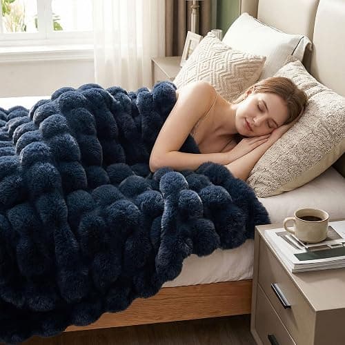 JONIYEAR Soft Fuzzy Bubble Faux Rabbit Fur Throw Blanket for Couch 50" x 60", Reversible Textured Fluffy Warm Thick Blanket for Winter,Luxury Cozy Puffy Shaggy Comfy Furry Blankets for Sofa, Navy Blue thumbnail 5
