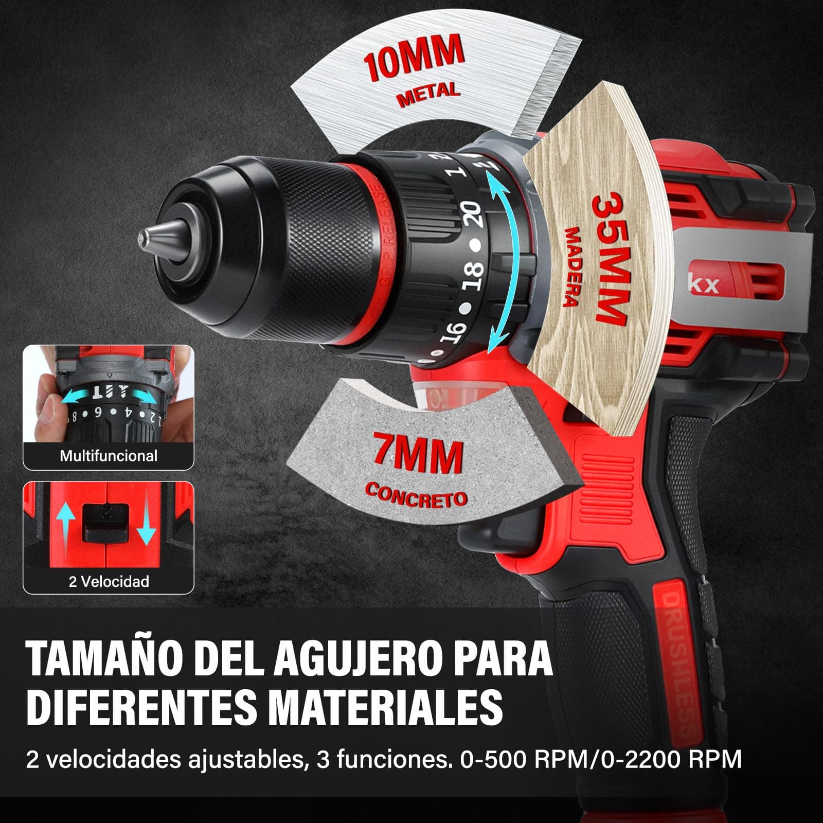 Taladro Inalámbrico 21V, 55N.m Taladro Atornillador Inalambrico Motor sin Escobillas, 3 Modos (Perforación/Tornillo/Impacto), 20 Ajuste Esfuerzo de torsión, 2 Baterías de 3.0Ah thumbnail 5