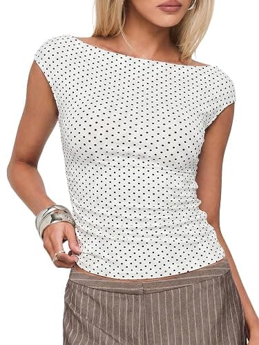 EMMIOL Off Shoulder Tops for Women Cute Sleeveless Polka Dot Shirts Ruched Sexy Going Out Tank Top Y2K Clothes - Image 1