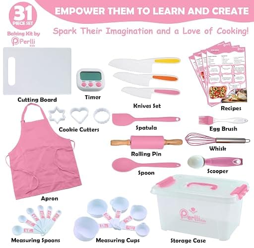 PERLLI Kids Real Cooking and Baking Supplies Gift Set with Case (Pink) | 31 Piece Montessori Junior Chef Kitchen Set with Toddler Utensils, Kids Knife Set for Fine Motor Skills for Children Ages 6+ thumbnail 3
