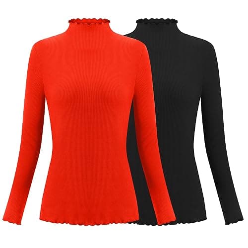 Herou 2 Pack Women Lettuce Trim Ribbed Knit Long Sleeve Top Mock Neck Basic Layer Tops Turtleneck Thermal Underwear Tops - Image 1