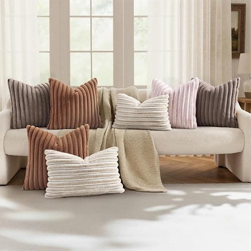 decorUhome Cozy Faux Fur Throw Pillow Covers 12x20 Set of 2 Decorative Soft Plush Striped Lumbar Modern Farmhouse Boho Couch Pillow Cases with Velvet Back for Sofa Bed Living Room, Light Coffee thumbnail 5
