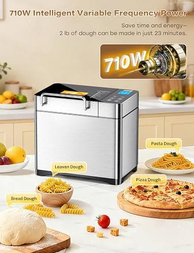 KBS Pro 710W 2LB Bread Maker, Stainless Steel 17-in-1 Smart Bread Machine with Healthy Ceramic Pan, Automatic Nut Dispenser, Tempered Glass Touch Panel, 3 Crust Colors, 15H Timer& Keep-Warm, Recipes thumbnail 8