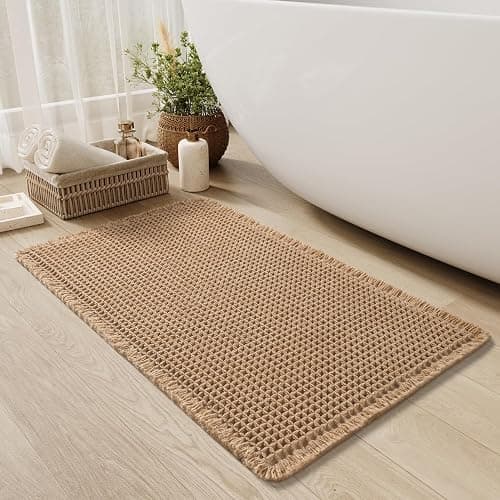 Upgraded Waffle Bath Mat Non Slip Super Absorbent Quick Dry Bath Mats for Bathroom Floor Machine Washable Bathroom Mat Ultra Soft Boho Bathroom Rugs with Tassels Beside Tub, 17" x 24", Brown - Image 1