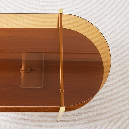 LumFurn Oval Glass Coffee Table, Mid-Century Modern Design, L41 x W21 x H17 inch, for Living Room, 2-Tier Structure, Amber Glass Top and Walnut Finish Wood Shelf, Conical Legs with Gold Finish Frame thumbnail 9
