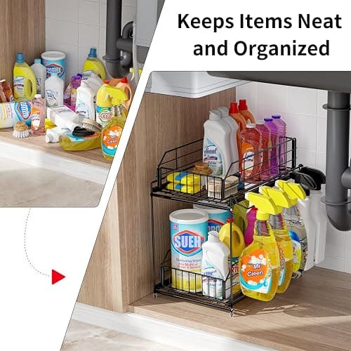 SUEH DESIGN Under Sink Organizer, 2 Tier Bathroom Cabinet Organizer Metal Kitchen Sink Organzier with Hanging Rail for Kitchen Bathroom Organization and Storage, 1 Pack thumbnail 4