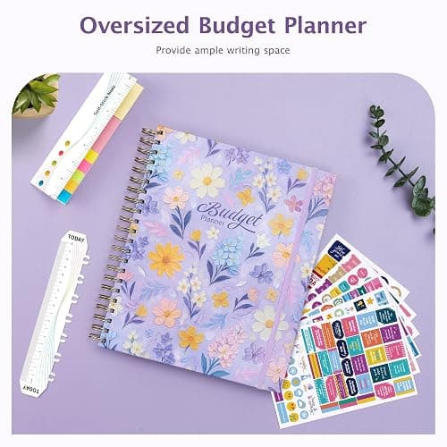 Ospelelf Budget Planner Undated, Money Expense Tracker with Pocket & Stickers, Thick Cardboard Cover, Large Pages for Spacious Writing, Original Fun Colorful Design, 12 Month Financial Notebook, Purple Floral thumbnail 9