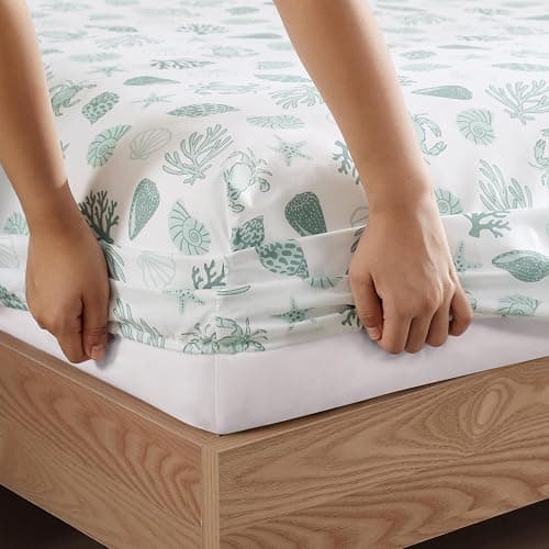 Caribbean Joe Queen Coastal Print Microfiber Sheet Set, Beachy Cove | Soft, comfortable 100% polyester microfiber 4-piece set with 12" deep pockets and a coastal seashell pattern thumbnail 5