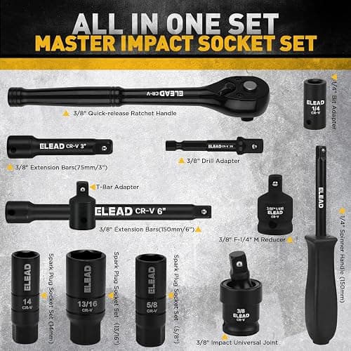 ELEAD 3/8" Drive Impact Socket Set, 96-Piece Deep & Shallow Socket Set Metric and Standard Full with Adapters, Ratchet Handle, Universal Joint, Extension Bar, Screwdriver Bit Sets, Spark Plug Sockets thumbnail 2