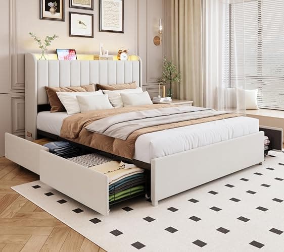 Queen Bed Frame with 4 Drawers and Storage Headboard, Upholstered Platform Bed Frame Queen Size with Led Lights and Handy Charging Station, No Box Spring Needed, Easy Assembly, Noise Free, Beige - Image 1