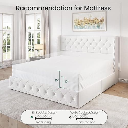 LARMACE King Size Bed Frame with 4 Storage Drawers and Wingback Headboard Velvet Upholstered Platform Bed Frame Tufted Beds with Wooden Slats Support, Easy Assembly, White thumbnail 9