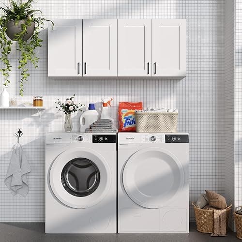 White Laundry Room Cabinets and Storage with 4 Doors and Utility Adjustable Shelf，Gabinetes Para Cocina Cupboard Kitchen Organizers and Storage Pantry Wall Mounted 12.4"D x 47.2"W x 19.7"H - 4 door thumbnail 5