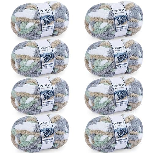 Cozyful Chunky Yarn for Hand Knitting - #10 Chunky Chenille Blanket Yarn, Jumbo Big Thick Chunky Yarns for Crocheting, Tie Dye Bulky Knit Yarns, 8 Skein (25 yds 8 oz Each Skein), Cream&Sage&Grey&Khaki - Image 1