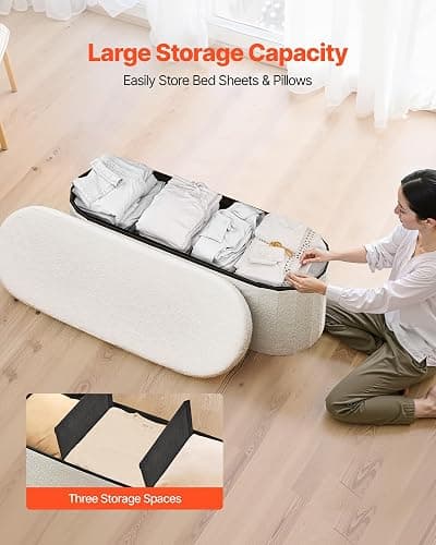 VEVOR Oval Storage Ottoman Bench, Foldable Teddy Fleece End of Bed Bench, Folding Upholstered Bed Ottoman Chest with Large Storage Space, Supports 660 lbs, for Living Room, Bedroom, Entryway, Beige thumbnail 4