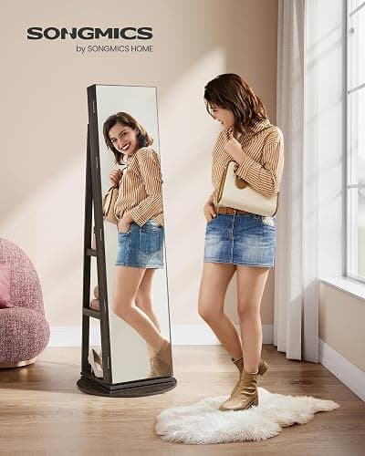 SONGMICS 6 LEDs Lockable Mirror Jewelry Cabinet, 360° Swivel Jewelry Organizer Armoire Standing, Frameless Full-Length Mirror, 3 Storage Shelves, Christmas Gifts, Ash Brown, Black Lining UJJC007K02 thumbnail 2