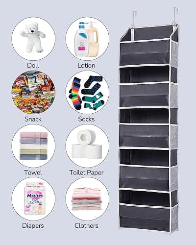 ULG 1 Pack Over Door Organizer with 5 Large Pockets 10 Mesh Side Pockets, 44 lbs Weight Capacity Hanging Storage Organizer with Clear Window Kids Toys, Shoes, Diapers, Dark Grey, 5 Layers thumbnail 6