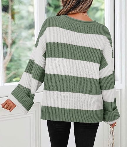 ZESICA Women's 2026 Fall Long Sleeve Oversized Striped Color Block Comfy Loose Crew Neck Knitted Pullover Sweater thumbnail 3