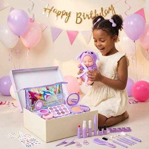DIAOLEWITOY Pretend Makeup Kit for Girls - 30-Piece Play Cosmetic Set, Birthday Gift for Kids Ages 3-6 Years Old (Purple) thumbnail 7