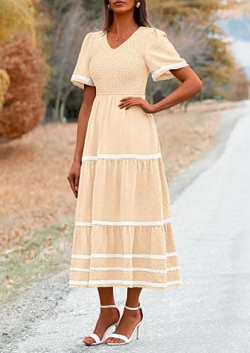 PRETTYGARDEN Women's Casual Summer Maxi Dress Short Sleeve Swiss Dot V Neck Smocked Long Flowy Beach Dresses thumbnail 3
