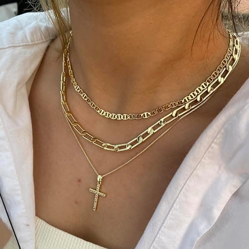 Cross Necklace for Women,Stackable Stacked Stacking Layering Layered Necklaces Dainty Gold Necklace Paperclip Box Flat Mariner Chain Necklace Cross Pendant CZ Diamond Simple Jewelry Gift thumbnail 4