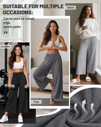 Huukeay 3 Pack Wide Leg Cropped Pants for Women, High Waist Lounge Yoga Pants Loose Casual Palazzo Capri Trouser with Pockets thumbnail 2