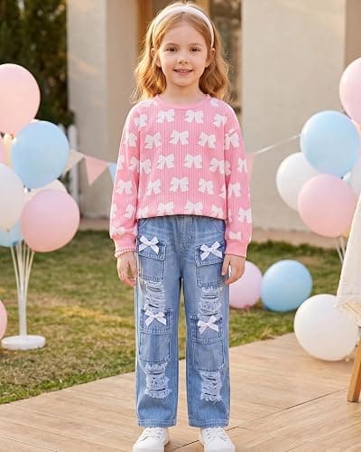Yhnslsf Toddler Girl Clothes Fall Little Girls 2 Piece Outfit Sets 3-8Years | Winter Sweatshirt Print Wide Leg Jean Pants Kids Girls Clothing Sets,Back to School Girl Outfits,Cute Birthday Gifts Clothes thumbnail 2