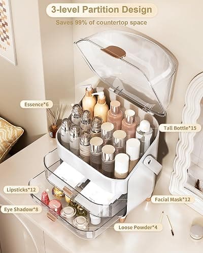 Makeup Organizer Countertop, Skincare Holder Bathroom Counter Organizer, Storage Box Cosmetic Display Cases, Teen Girl Gifts Make up Organizers for Vanity, Dresser (Rose Gold) thumbnail 3