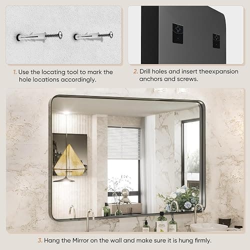 DUMOS Black Metal Framed Vanity Rounded Rectangle Bathroom Mirrors for Over Sink Wall, 30x22 Inch Matte Large Mirror, Modern Decorative for Restroom, Farmhouse, Horizontally or Vertically Hanging thumbnail 6