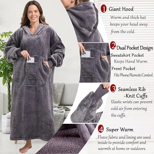 FUSSEDA Oversized Wearable Blanket Sweatshirt, Thick Warm Fleece Cozy Sherpa Hooded with Pockets and Sleeves Gift for Adult thumbnail 6